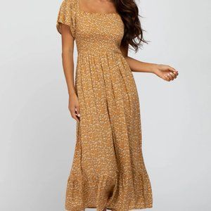Pink Blush Boutique Mustard Floral Smocked Maxi Dress